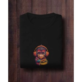 Monkey Wearing Headphones | SABEZY ESSENTIALS Cotton Regular Women's T-Shirt | Black