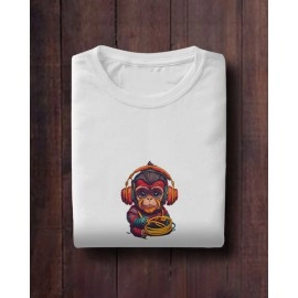 Monkey Wearing Headphones | SABEZY ESSENTIALS Cotton Regular Women's T-Shirt | White