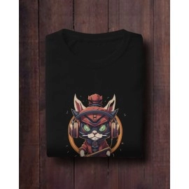 Ninja Cat | SABEZY ESSENTIALS Cotton Regular Men's T-Shirt | Black