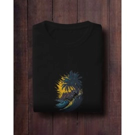 Ocean Waves And Palm Tree | SABEZY ESSENTIALS Cotton Regular Men's T-Shirt | Black