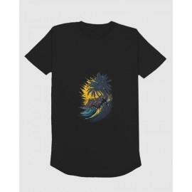 Ocean Waves And Palm Tree | SABEZY ESSENTIALS Cotton Regular Men's T-Shirt | Black