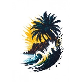 Ocean Waves And Palm Tree | SABEZY ESSENTIALS Cotton Regular Men's T-Shirt | Black