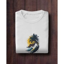 Ocean Waves And Palm Tree | SABEZY ESSENTIALS Cotton Regular Women's T-Shirt | White