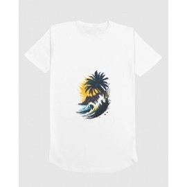 Ocean Waves And Palm Tree | SABEZY ESSENTIALS Cotton Regular Women's T-Shirt | White