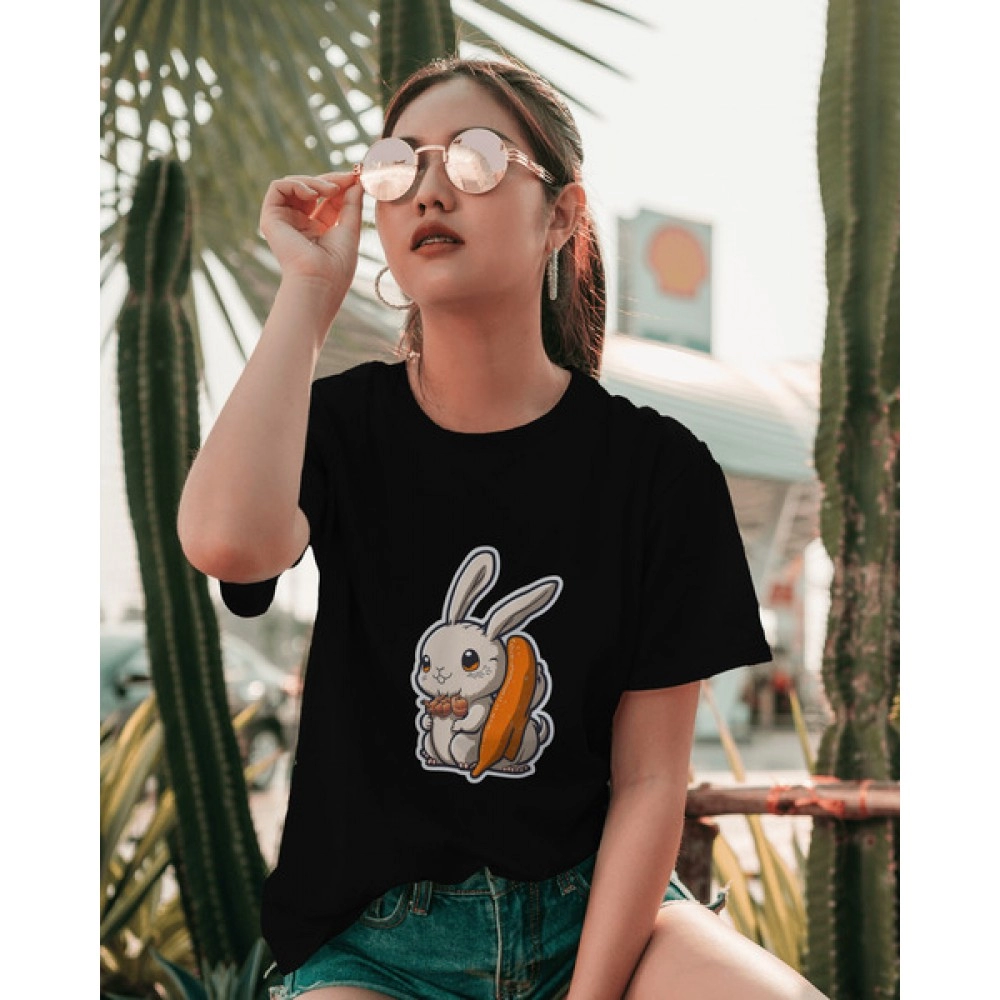 Bunny Rabbit | SABEZY ESSENTIALS Cotton Regular Women's T-Shirt | Black