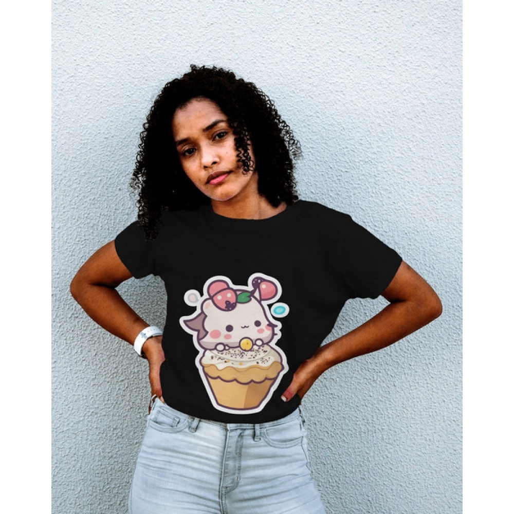 Cup Cake Bubble | SABEZY ESSENTIALS Cotton Regular Women's T-Shirt | Black