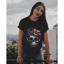 Flag Skull | SABEZY ESSENTIALS Cotton Regular Women's T-Shirt | Black