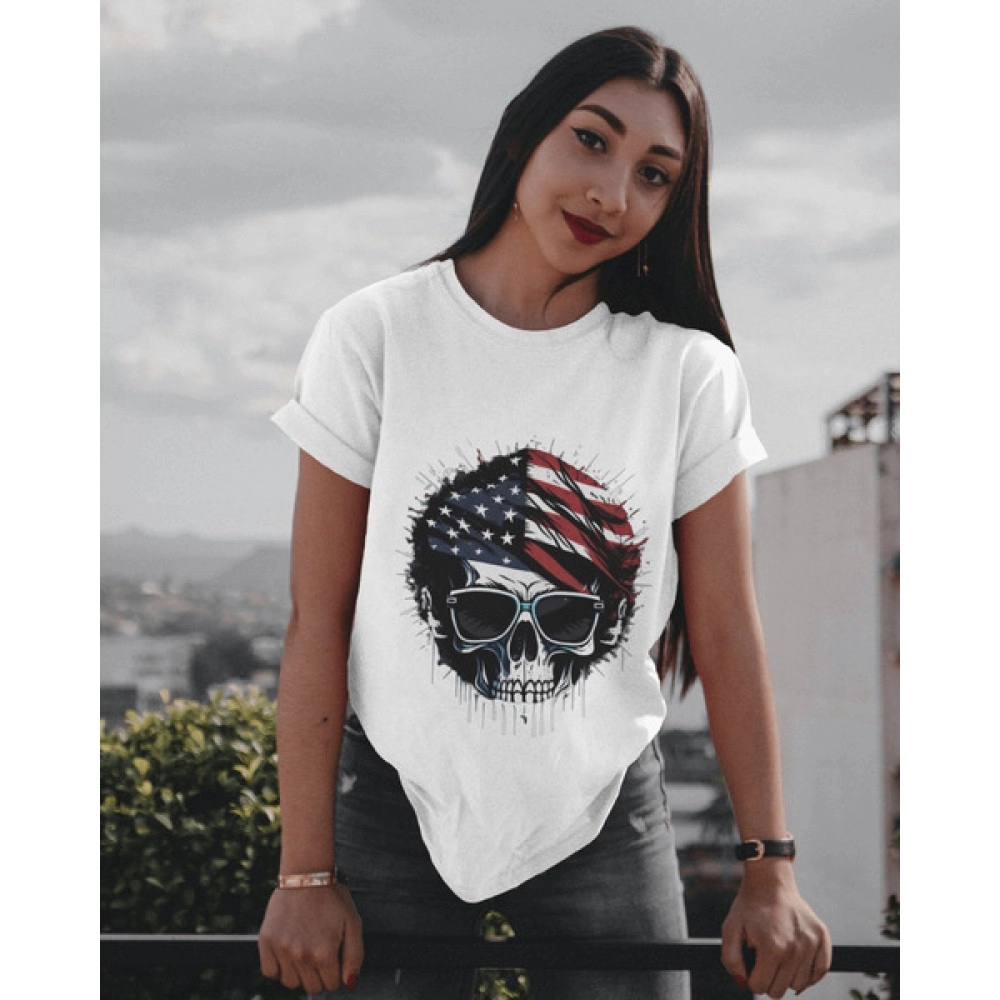 Flag Skull | SABEZY ESSENTIALS Cotton Regular Women's T-Shirt | White