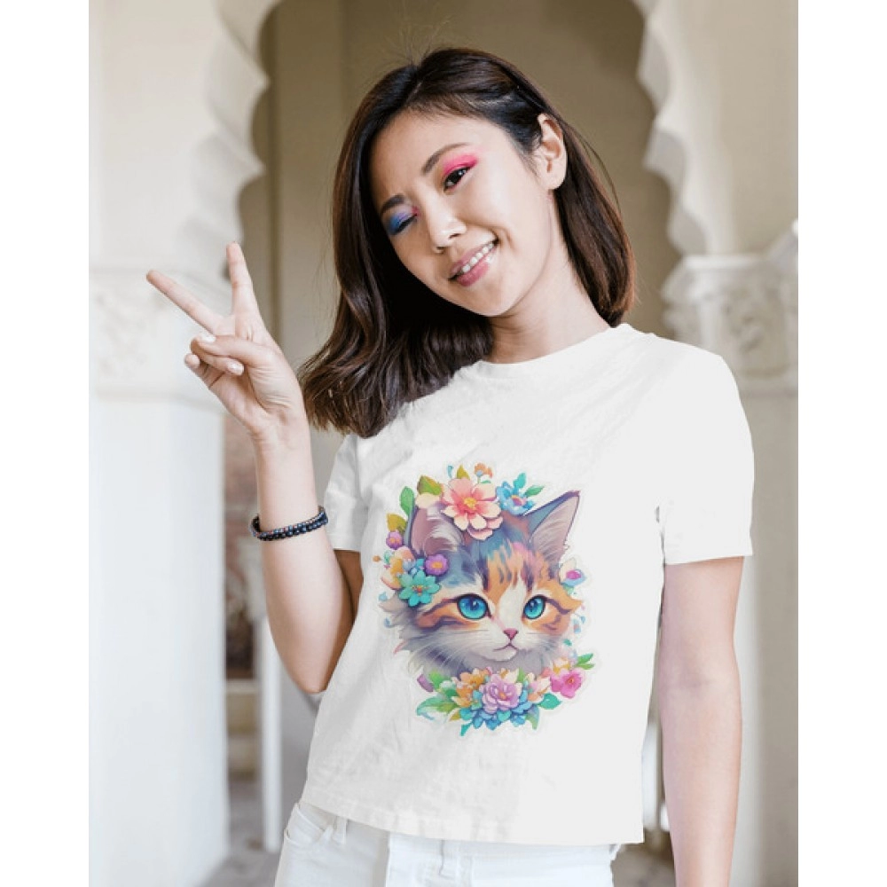 Flower Kitty | SABEZY ESSENTIALS Cotton Regular Women's T-Shirt | White