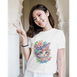 Flower Kitty | SABEZY ESSENTIALS Cotton Regular Women's T-Shirt | White