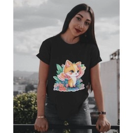 Flowery Kitten | SABEZY ESSENTIALS Cotton Regular Women's T-Shirt | Black