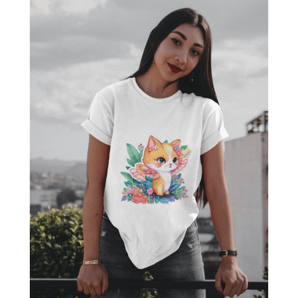 Flowery Kitten | SABEZY ESSENTIALS Cotton Regular Women's T-Shirt | White