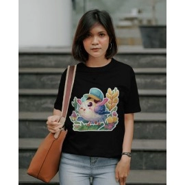 Flowery Twitty | SABEZY ESSENTIALS Cotton Regular Women's T-Shirt | Black