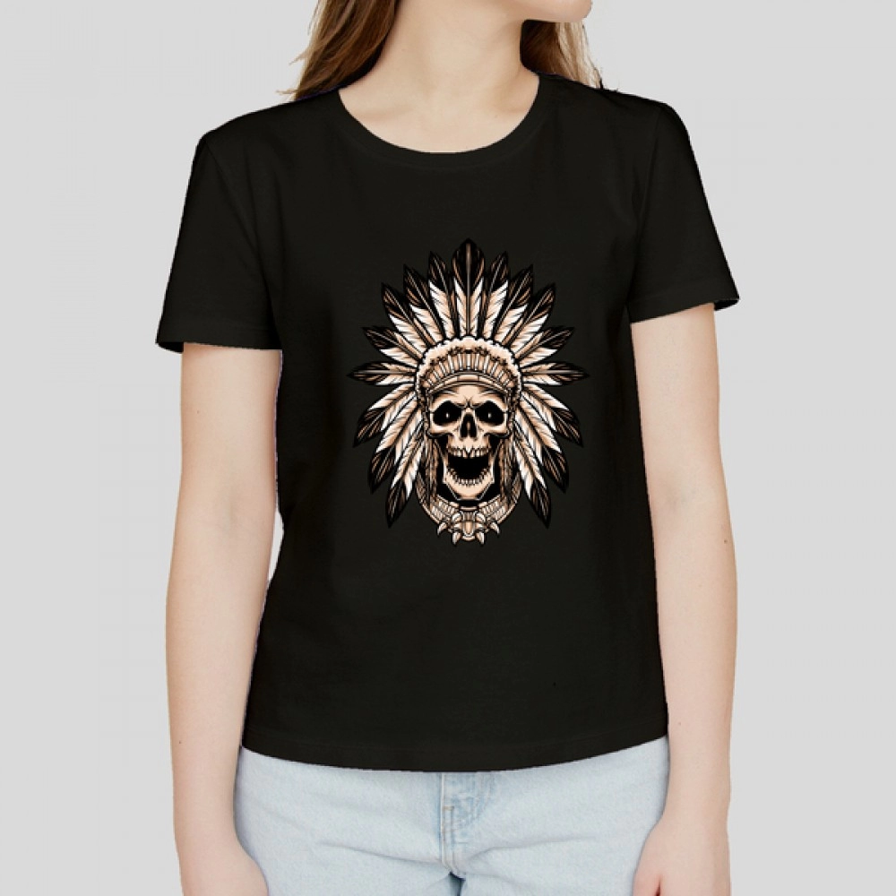 Feather Skull | Half Sleeves Women's Black T-shirt