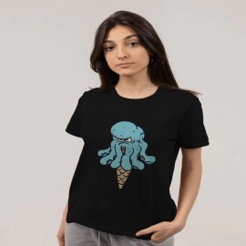 Angry Octopus Ice Cream Design | SABEZY ESSENTIALS Cotton Regular Women's T-Shirt | Black