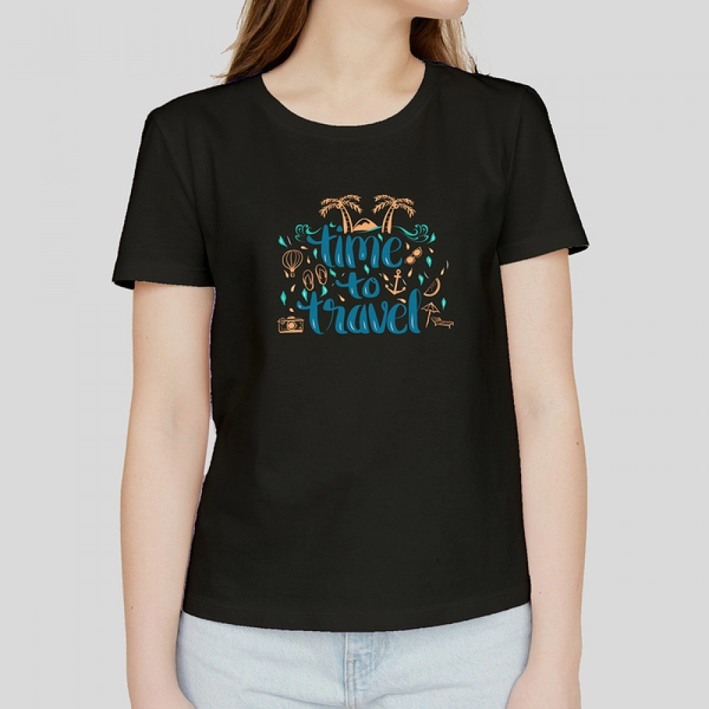 Time To Travel | Regular Fit Cotton Blend Half Sleeve Womens Black T-Shirt