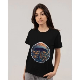 Wanderlust Mushrooms | SABEZY ESSENTIALS Cotton Regular Women's T-Shirt | Black