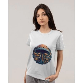 Wanderlust Mushrooms | SABEZY ESSENTIALS Cotton Regular Women's T-Shirt | White