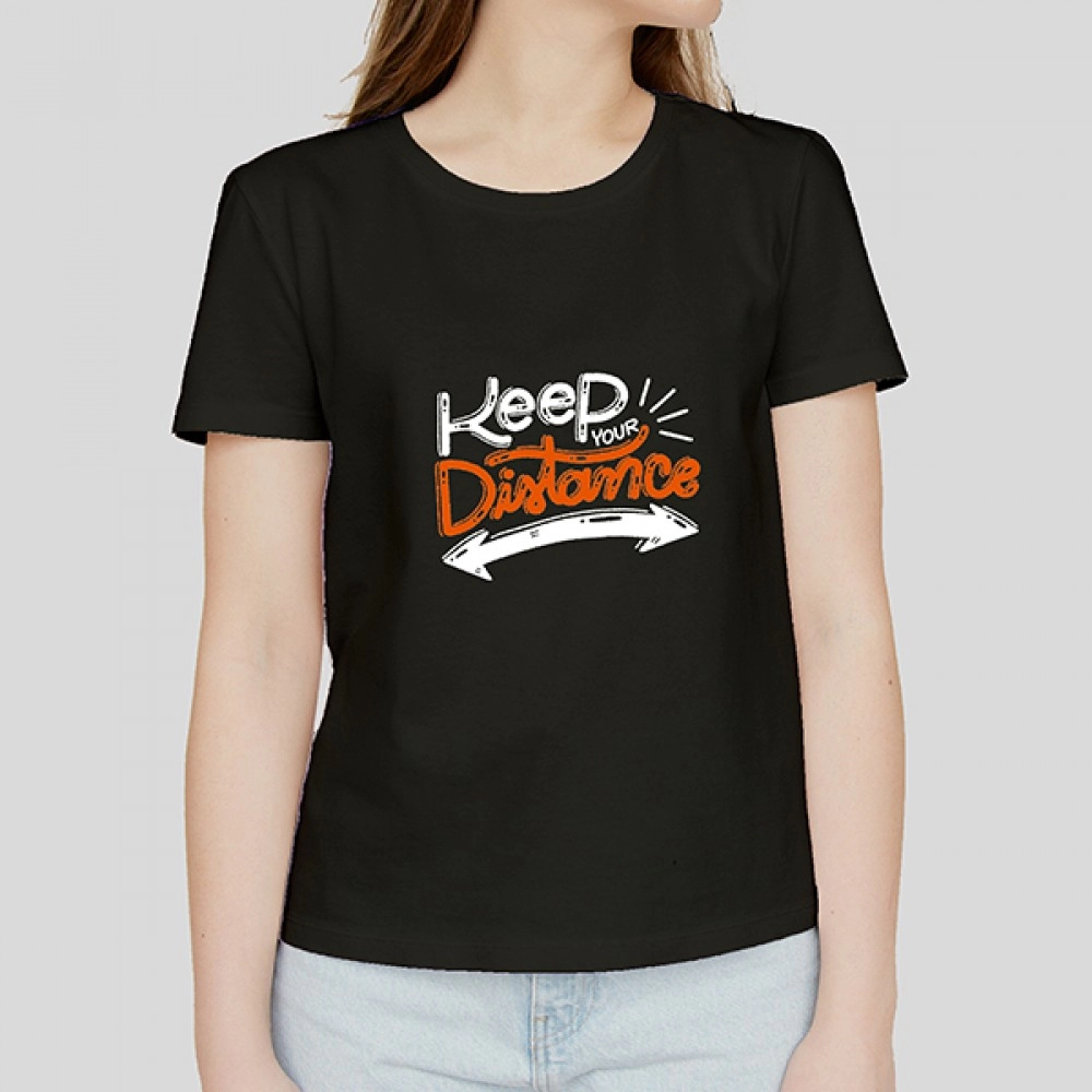 Keep Your Distance | Women Printed Round Neck Cotton Blend Black T-Shirt
