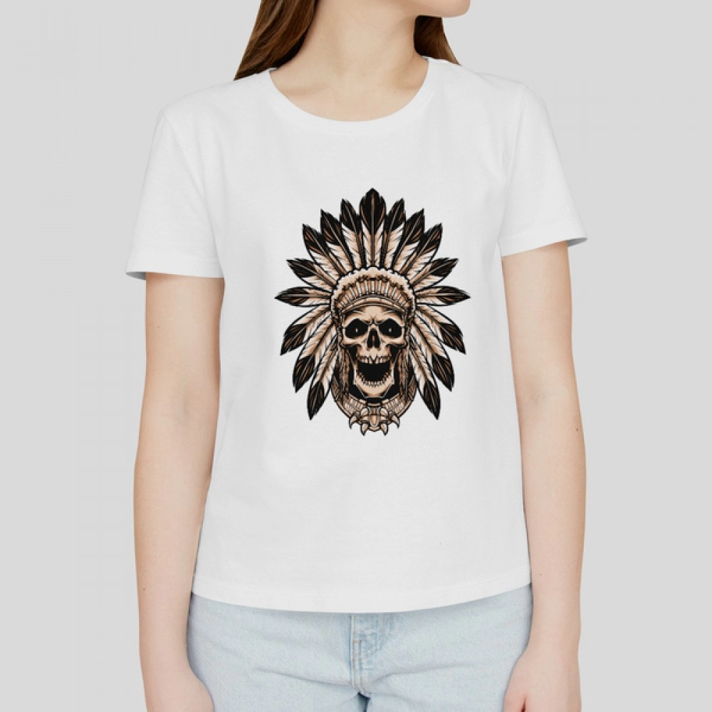 Feather Skull | Women's Graphic Printed Round Neck White T-shirt
