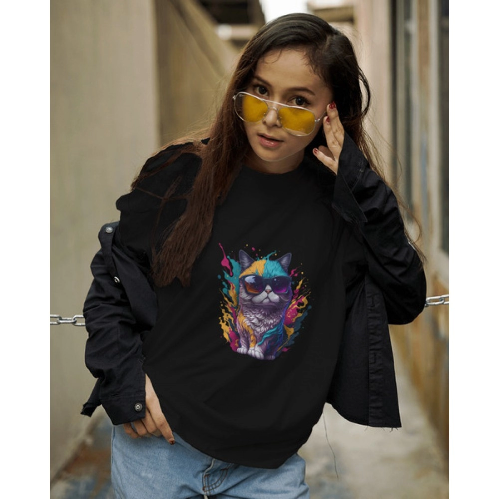 Cat Wearing Sunglasses | SABEZY ESSENTIALS Cotton Regular Women's T-Shirt | Black