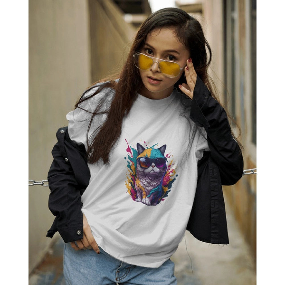 Cat Wearing Sunglasses | SABEZY ESSENTIALS Cotton Regular Women's T-Shirt | White
