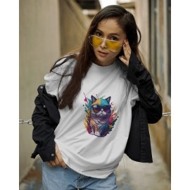 Cat Wearing Sunglasses | SABEZY ESSENTIALS Cotton Regular Women's T-Shirt | White