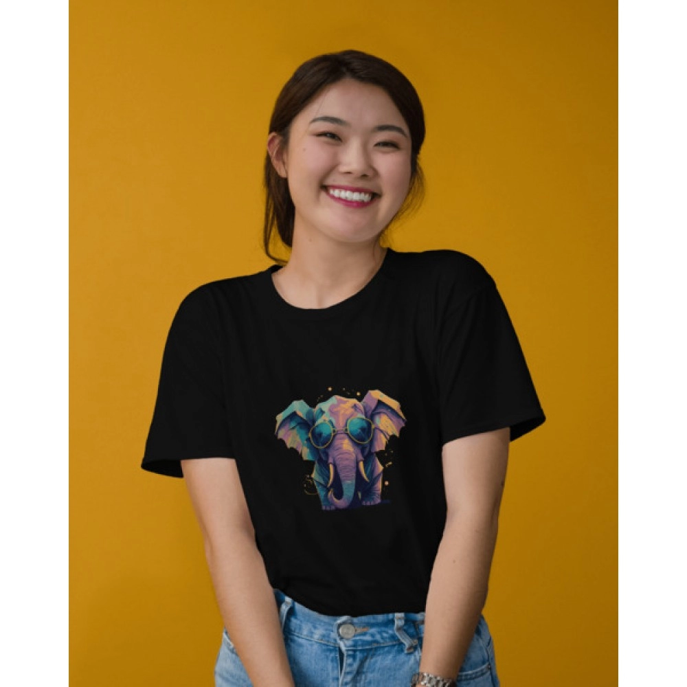 Colourful Elephant | SABEZY ESSENTIALS Cotton Regular Women's T-Shirt | Black