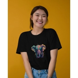 Colourful Elephant | SABEZY ESSENTIALS Cotton Regular Women's T-Shirt | Black