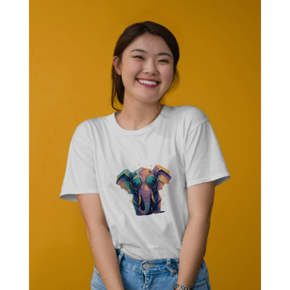 Colourful Elephant |  SABEZY ESSENTIALS Cotton Regular Women's T-Shirt | White