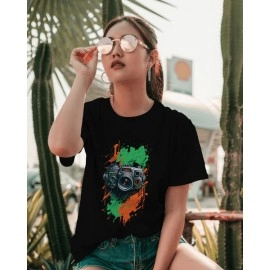 Flash Camera  | SABEZY ESSENTIALS Cotton Regular Women's T-Shirt | Black