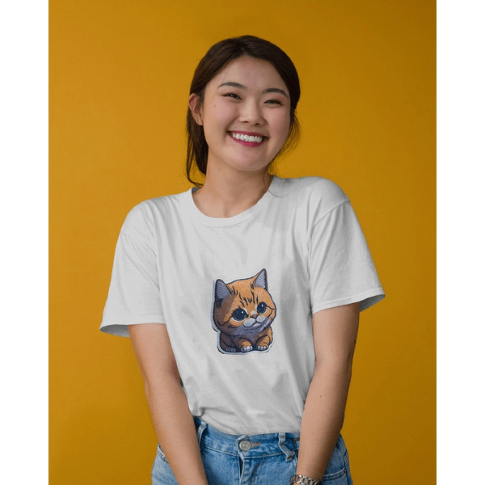 Mini Cat | SABEZY ESSENTIALS Cotton Regular Women's T-Shirt | White