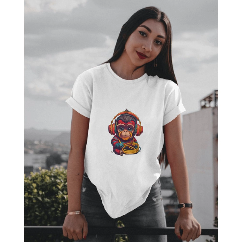Monkey Wearing Headphones | SABEZY ESSENTIALS Cotton Regular Women's T-Shirt | White