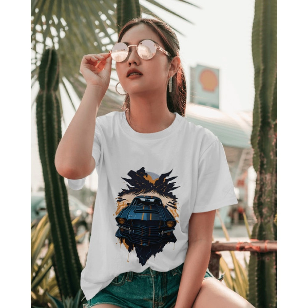 Mustang Car | SABEZY ESSENTIALS Cotton Regular Women's T-Shirt | White