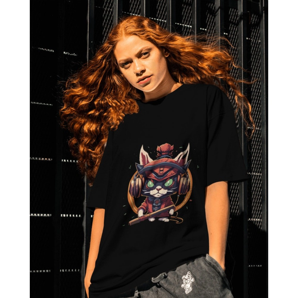 Ninja Cat | SABEZY ESSENTIALS Cotton Regular Women's T-Shirt | Black