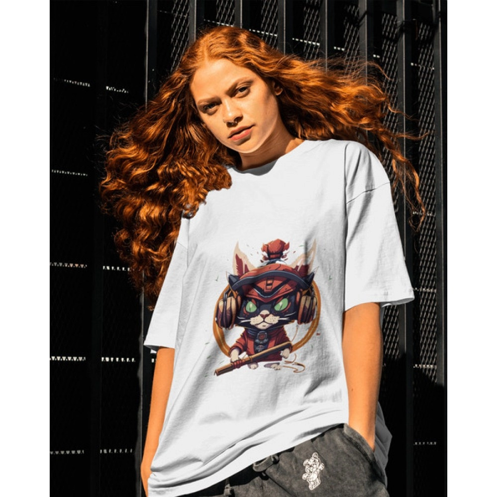 Ninja Cat | SABEZY ESSENTIALS Cotton Regular Women's T-Shirt | White