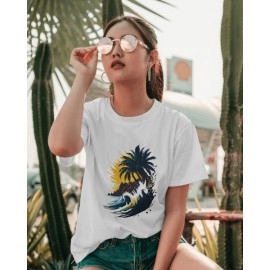 Ocean Waves And Palm Tree | SABEZY ESSENTIALS Cotton Regular Women's T-Shirt | White