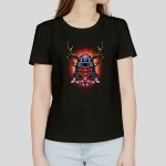 Devils Samurai | Printed Round Neck Women's Black T-shirt