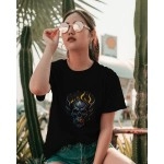 Skull Fire | SABEZY ESSENTIALS Cotton Regular Women's T-Shirt | Black