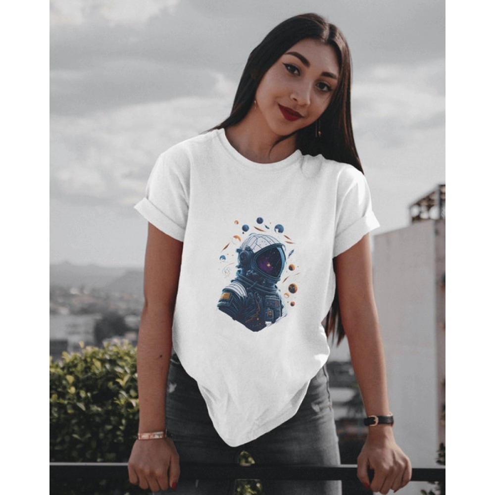Spaceman And Planet | SABEZY ESSENTIALS Cotton Regular Women's T-Shirt | White