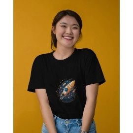 Spaceship | SABEZY ESSENTIALS Cotton Regular Women's T-Shirt | Black