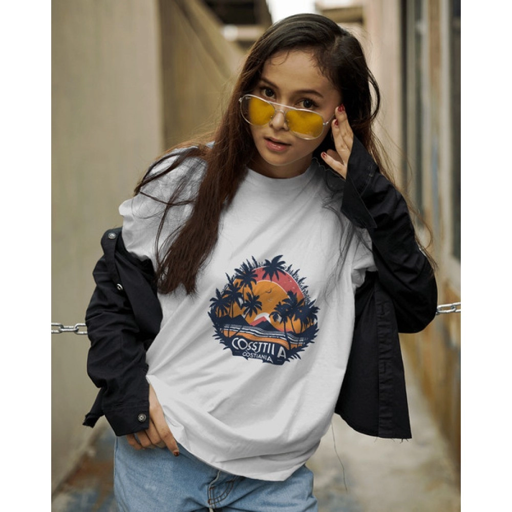 Sunset Beach | SABEZY ESSENTIALS Cotton Regular Women's T-Shirt | White