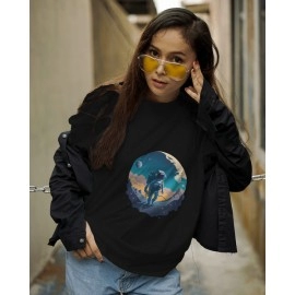 Surfing In Space | SABEZY ESSENTIALS Cotton Regular Women's T-Shirt | Black