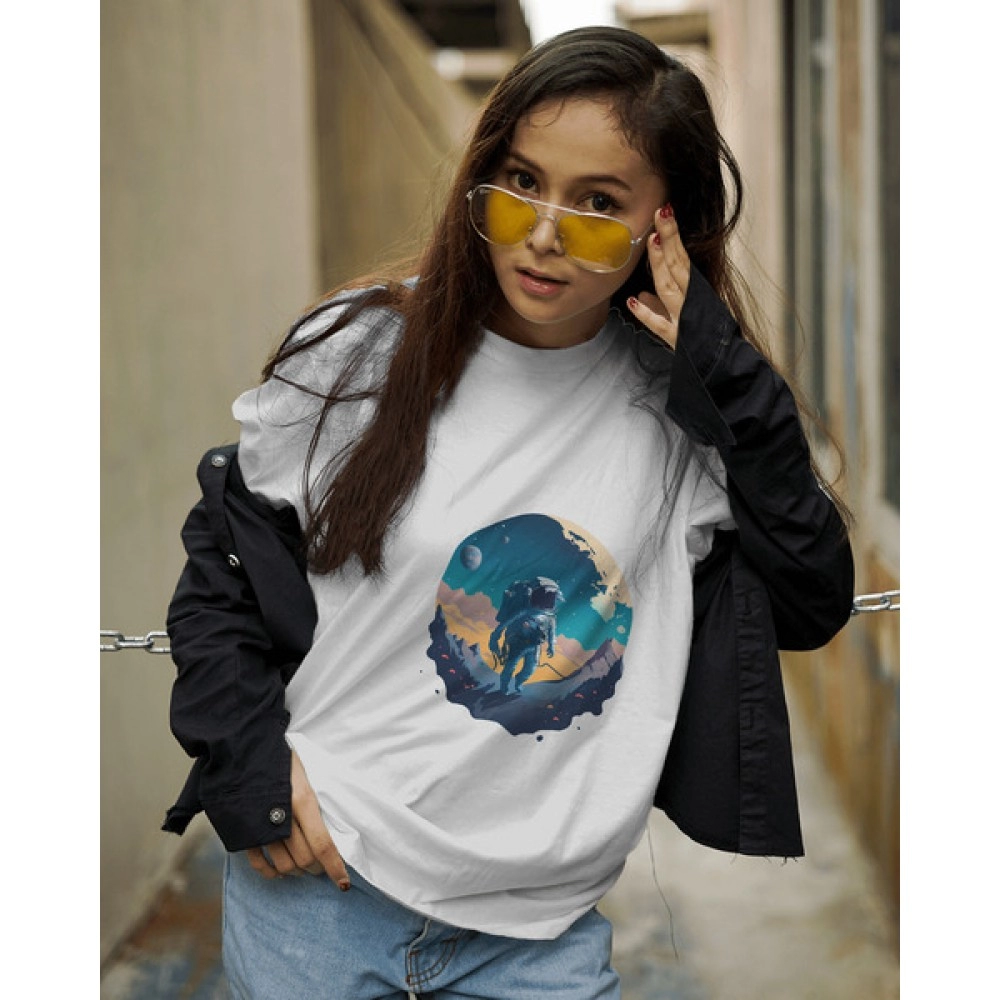 Surfing In Space | SABEZY ESSENTIALS Cotton Regular Women's T-Shirt | White
