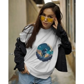 Surfing In Space | SABEZY ESSENTIALS Cotton Regular Women's T-Shirt | White