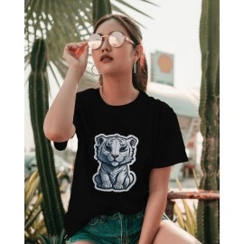 White Tiger | SABEZY ESSENTIALS Cotton Regular Women's T-Shirt | Black