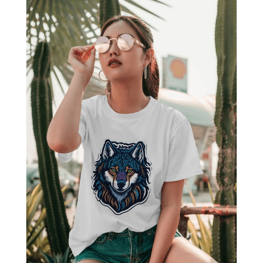Wolf | SABEZY ESSENTIALS Cotton Regular Women's T-Shirt | White