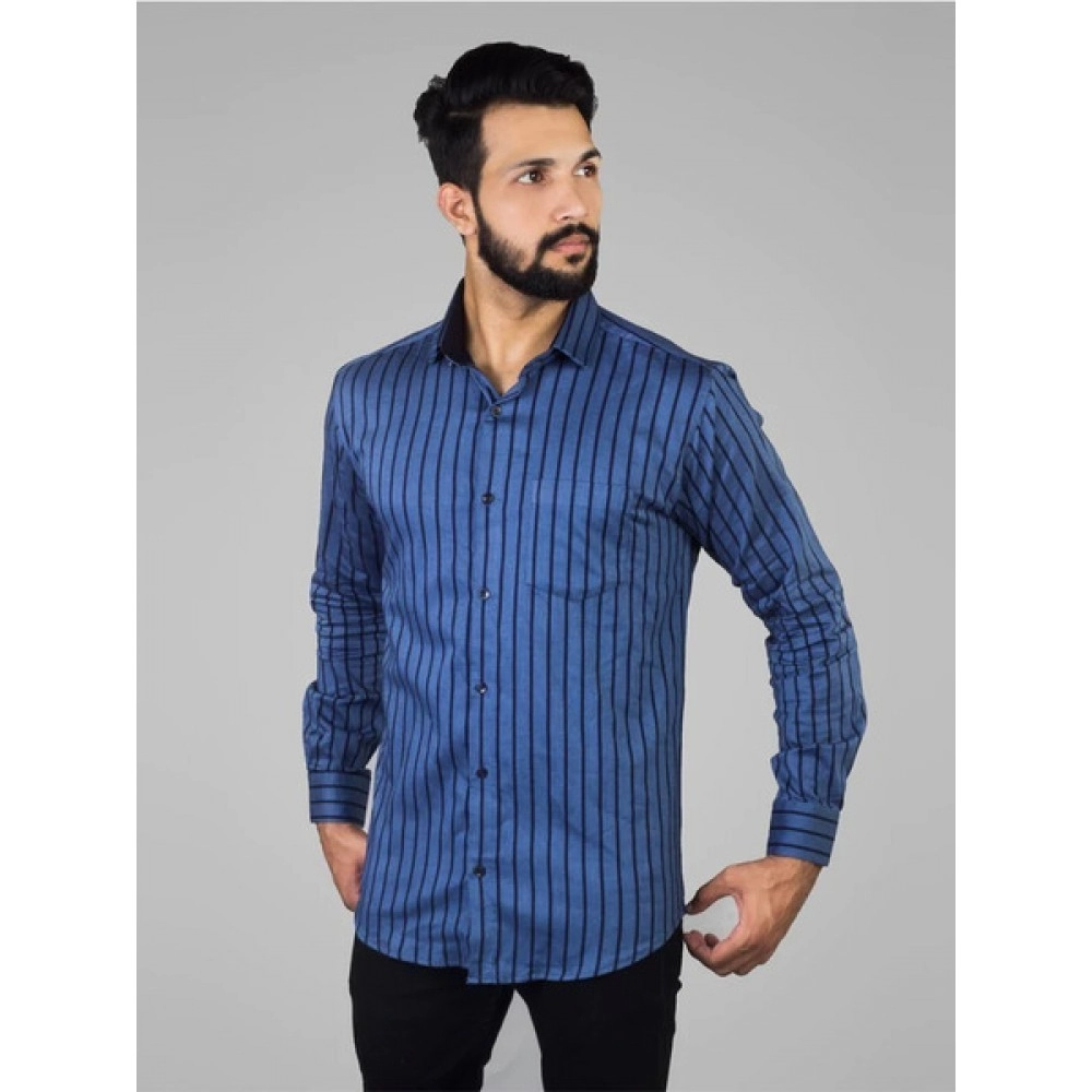 Men Twill Stripes Classic Fit Cotton Shirt | Blue