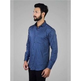 Men Twill Stripes Classic Fit Cotton Shirt | Blue