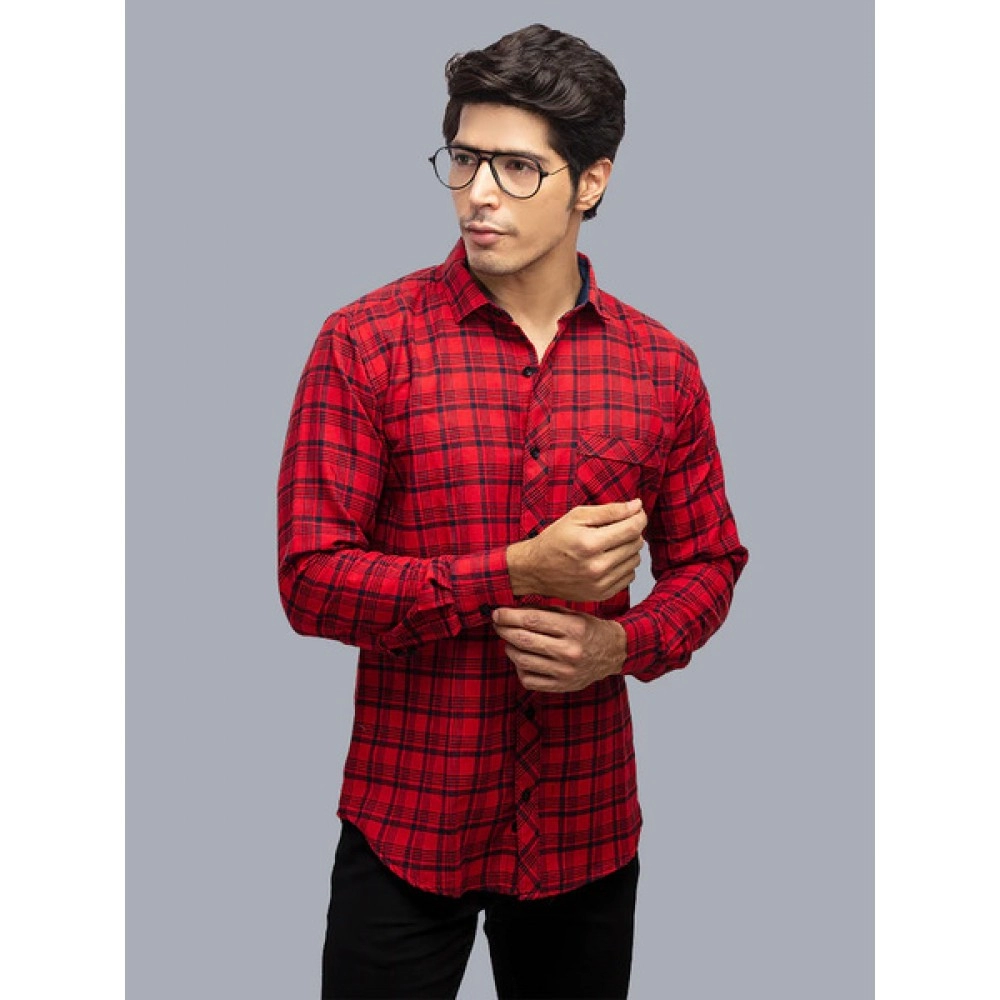 Men Checked Spread Collar Casual Cotton Shirt | Red